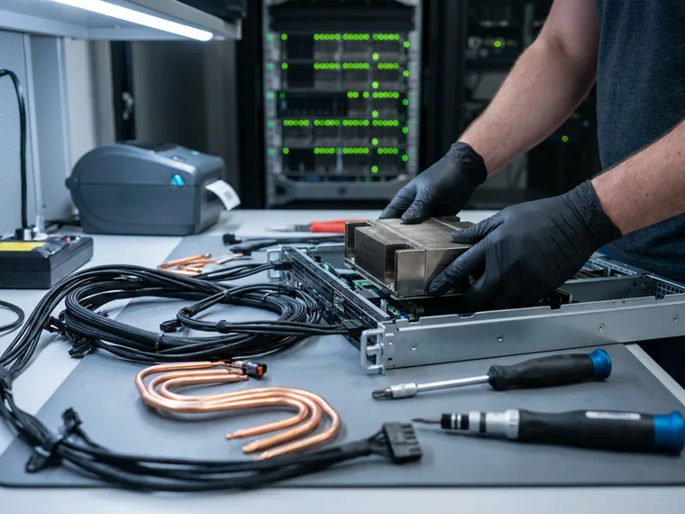 A technician seating a GPU module into an open server tray on a test bench