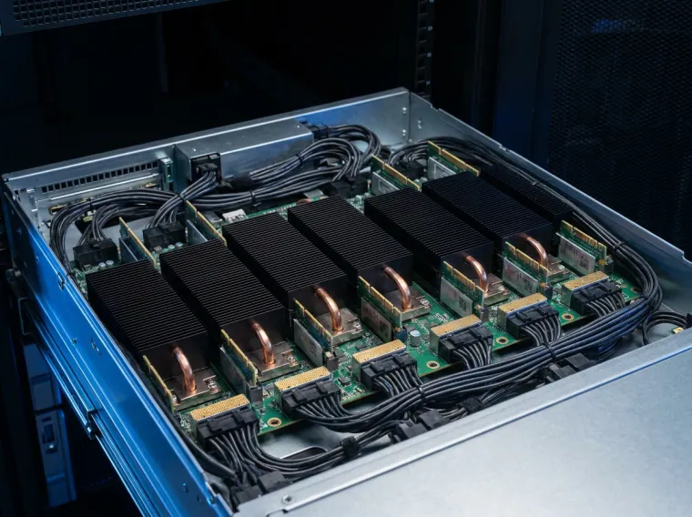 A GPU server tray pulled out of its rack in the data center